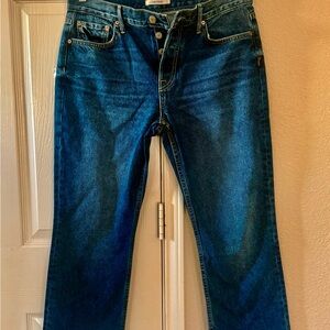 GRLFRND Women's Straight Jeans in Dark Blue Wash